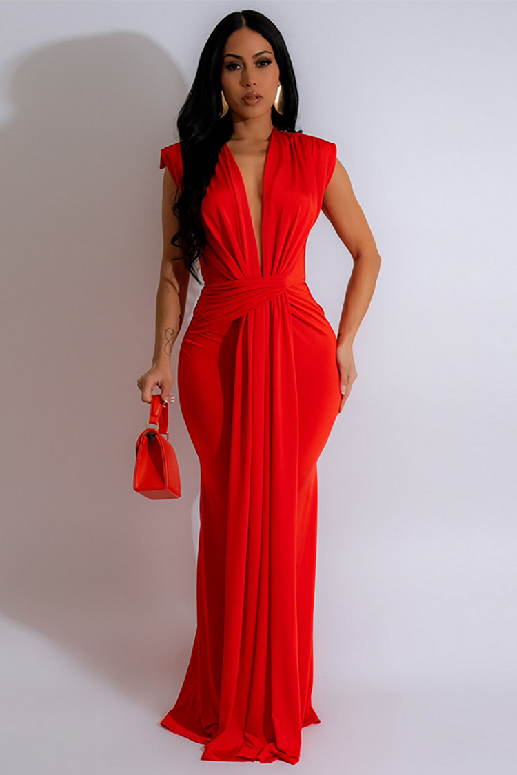 Deep V Neck Bodycon Long Sash Plain Gowns Sleeveless Maxi Dresses-Pink