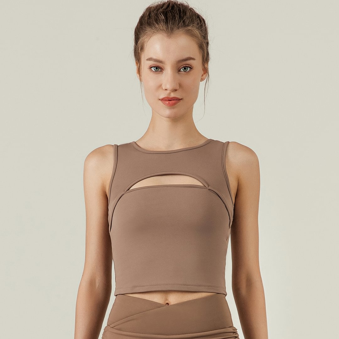 Buy different colors and types of hollow-out front and back soft comfortable brushed fabric running fitness crop top vest outfits with removable cups on Hergymclothing Cocoa