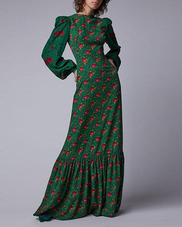 The Gypsy Crepe Tea Green Floral Printed Dress