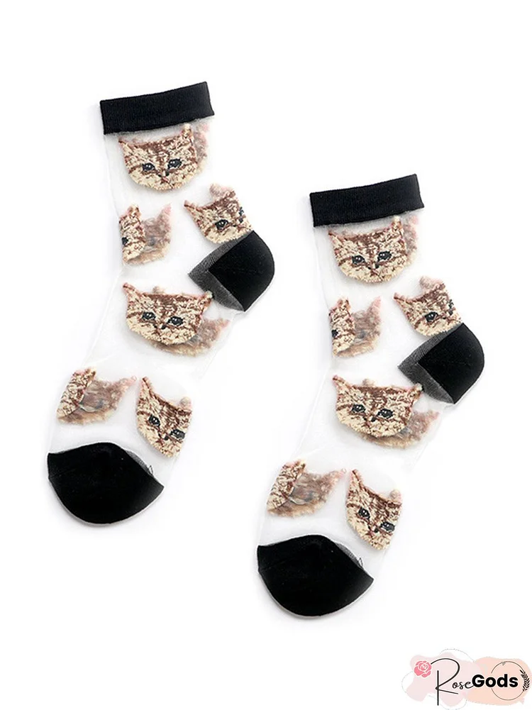 Casual All Season Cat Cotton Embroidery Lightweight Breathable Standard Over The Calf Socks For Women