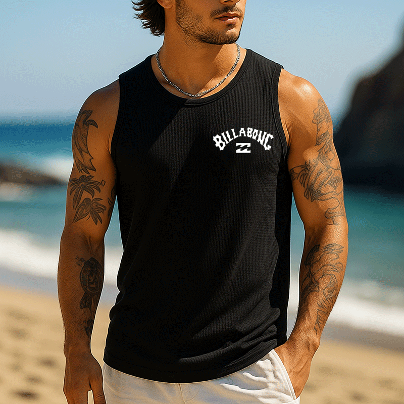 Men's Black Waffle Sleeveless Muscle Tank Top For Beach And Casual Wear / TECHWEAR CLUB / Techwear