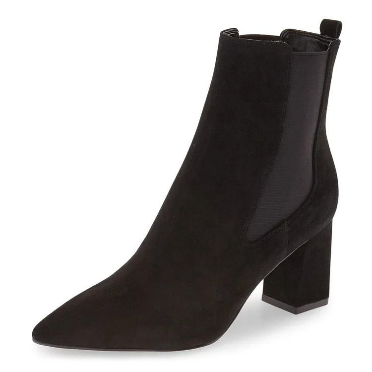 Black Slip on Boots Pointy Toe Vegan Suede Block Heel Chelsea Boots |FSJ Shoes