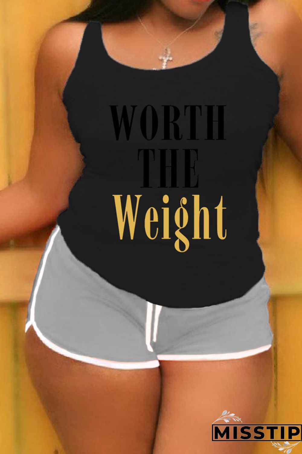 Grey Plus Size Casual Letter Print Patchwork U Neck Plus Size Two Pieces