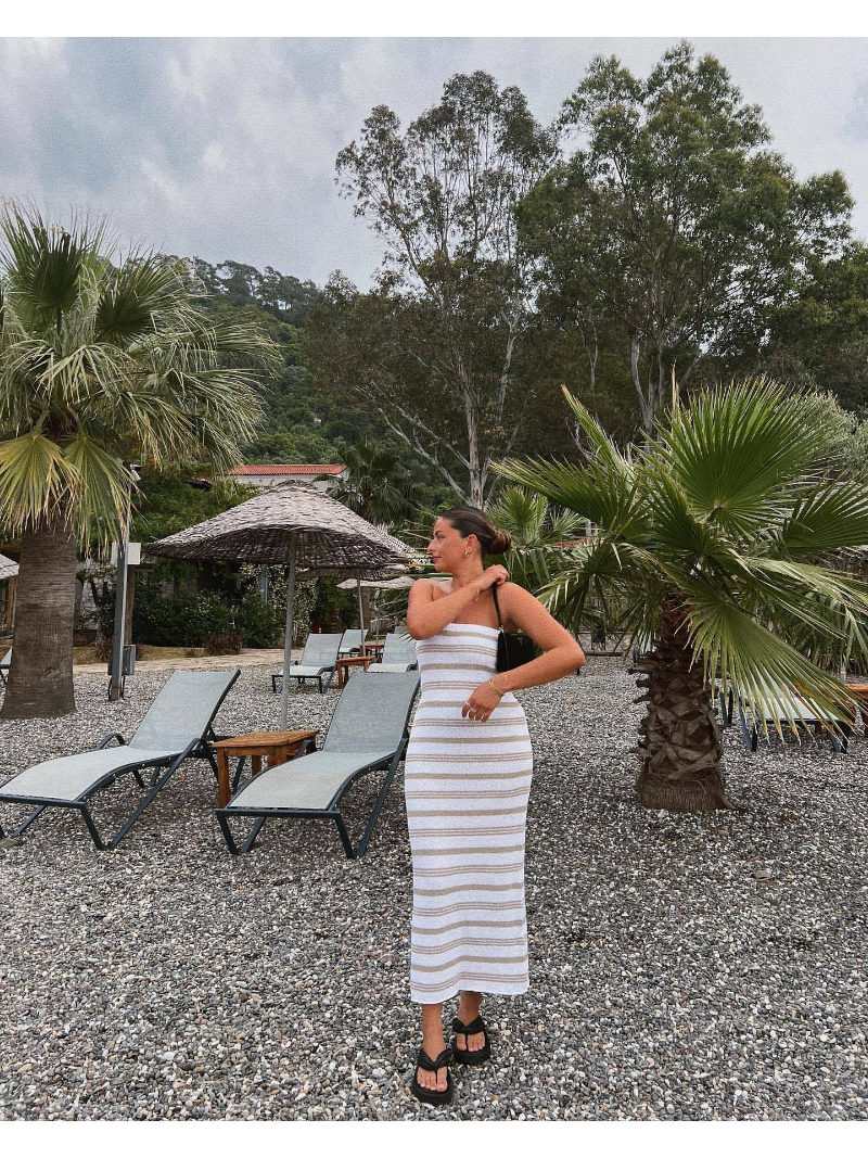 Ootddress Backless Contrast For Women Dress Slim Holiday Beach Striped High Waist Off-Shoulder Maxi Dress Skinny Casual Long Dress