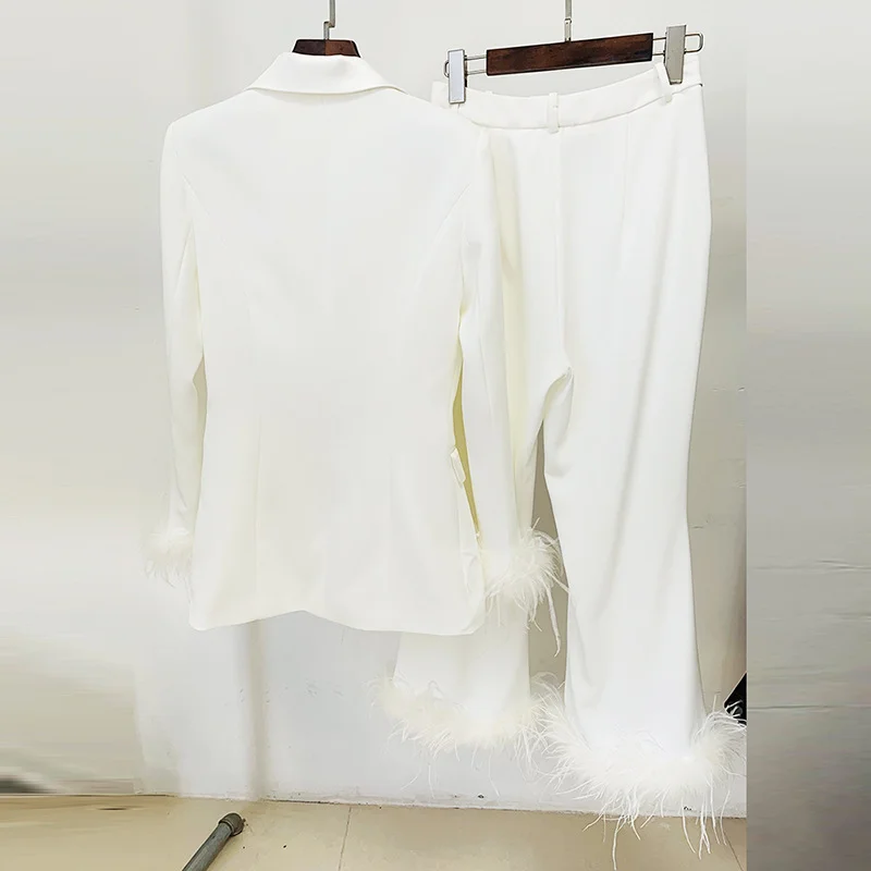Nigikala Nigikala New Fashion Temperament Real Feather Ostrich Hairy Blazer Nine-Point Trouser Suit Two Sets