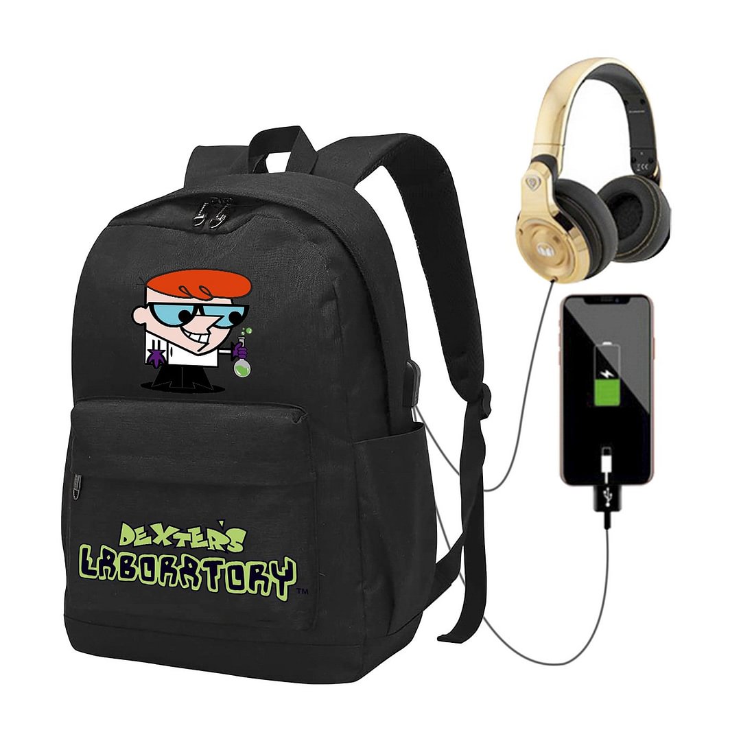 Dexter's Laboratory Backpack USB Charging Port Headphone Interface Laptop Bag Outdoor Travel School Bag Kids Teens Use 17 Inch
