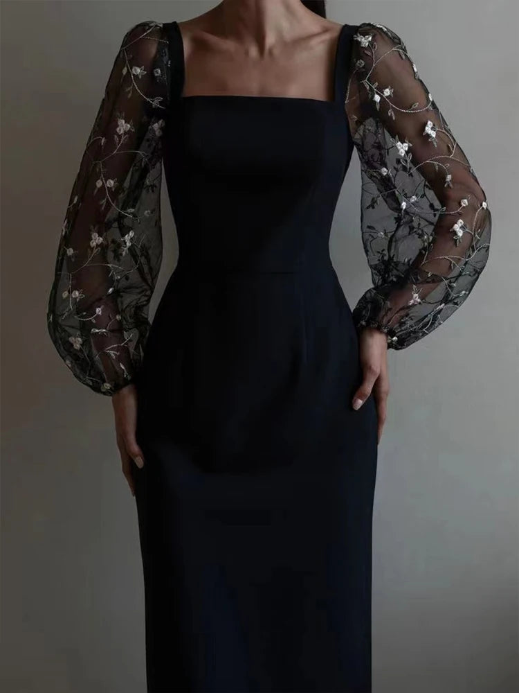 Aiertu Autumn White Dress Women Sexy See Through Lace Embroidery Long Dresses Female Elegant Square Collar Puff Sleeve Slim Party Dress Aiertu