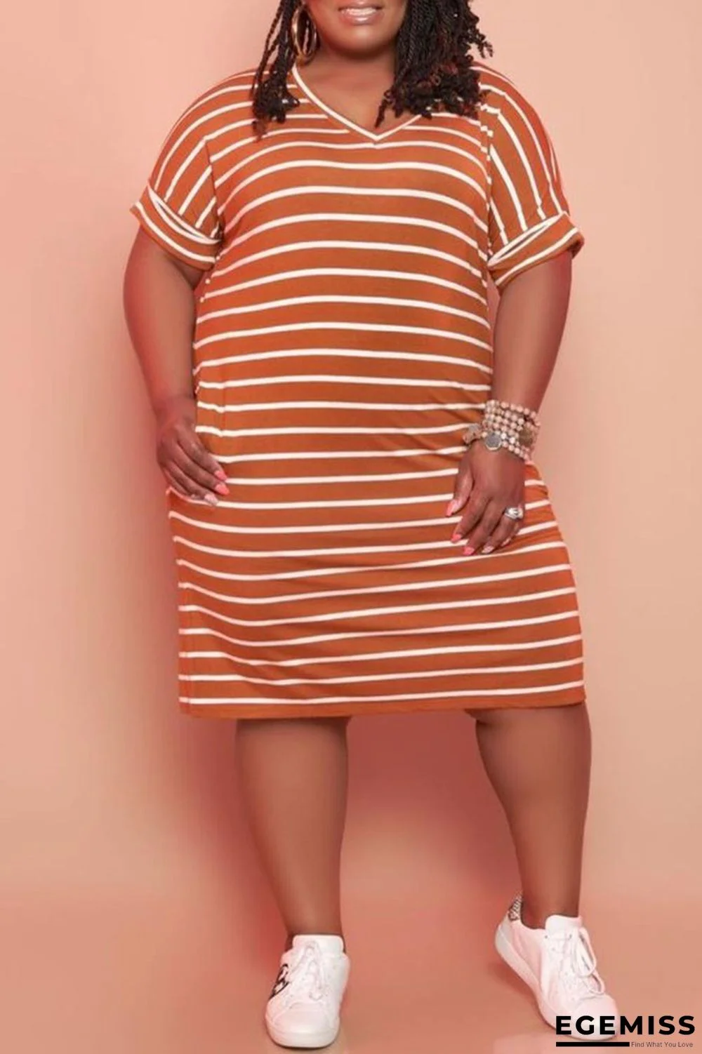 Brown Fashion Casual Plus Size Striped Print Basic V Neck Short Sleeve Dress | EGEMISS