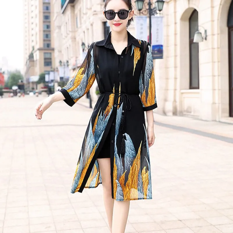 Summer Sun Protection Women Long Blouses Half Sleeve Loose Flower Print Blouse Shirts Super Thin Floral Chiffon Cardigan 9122 50