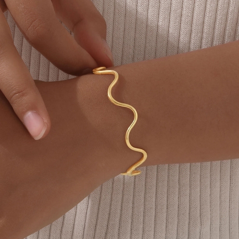 IG Style Minimalist Waves 304 Stainless Steel 18K Gold Plated Bangle Earrings Necklace