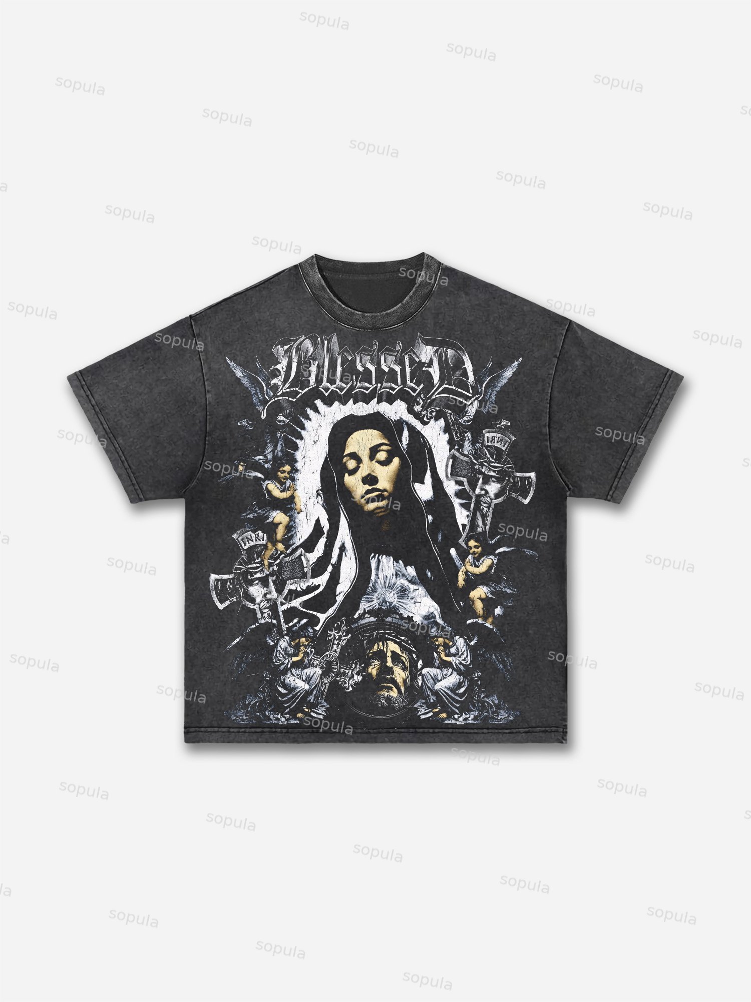 Vintage Faith Bless Graphic Print Acid Wash T-shirt