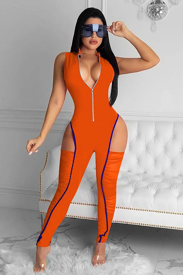 Sleeveless Front Zipper Cutout Ruched Slim Fit Jumpsuit-Orange