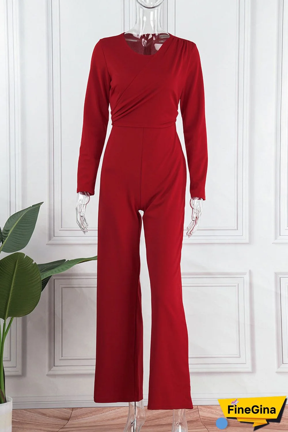 Red Casual Solid Bandage Patchwork Fold O Neck Straight Jumpsuits