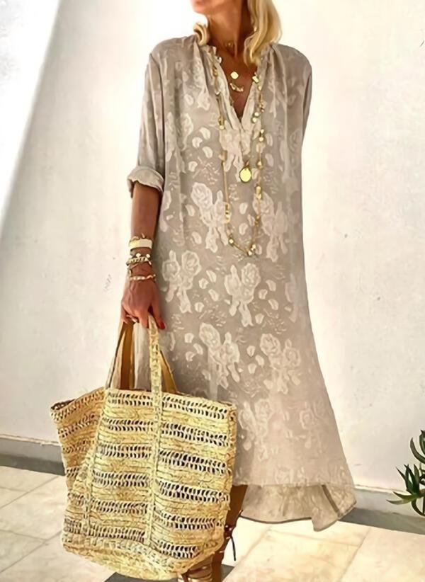 Casual Holiday Long Sleeve Cotton-Blend Vintage Loose V Neck Print Dress