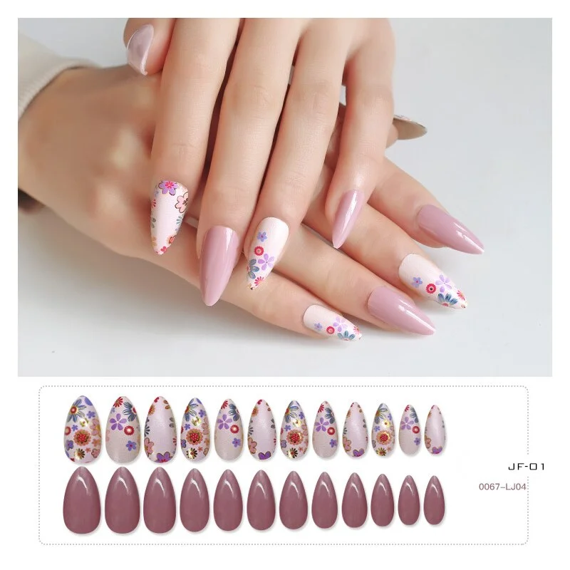 24pcs  Almond Pointed Punk Fake Nails Laser Starry Sky Oil Painting Design Press Nail Tips Bronzing Line DIY Decoration Nail Art