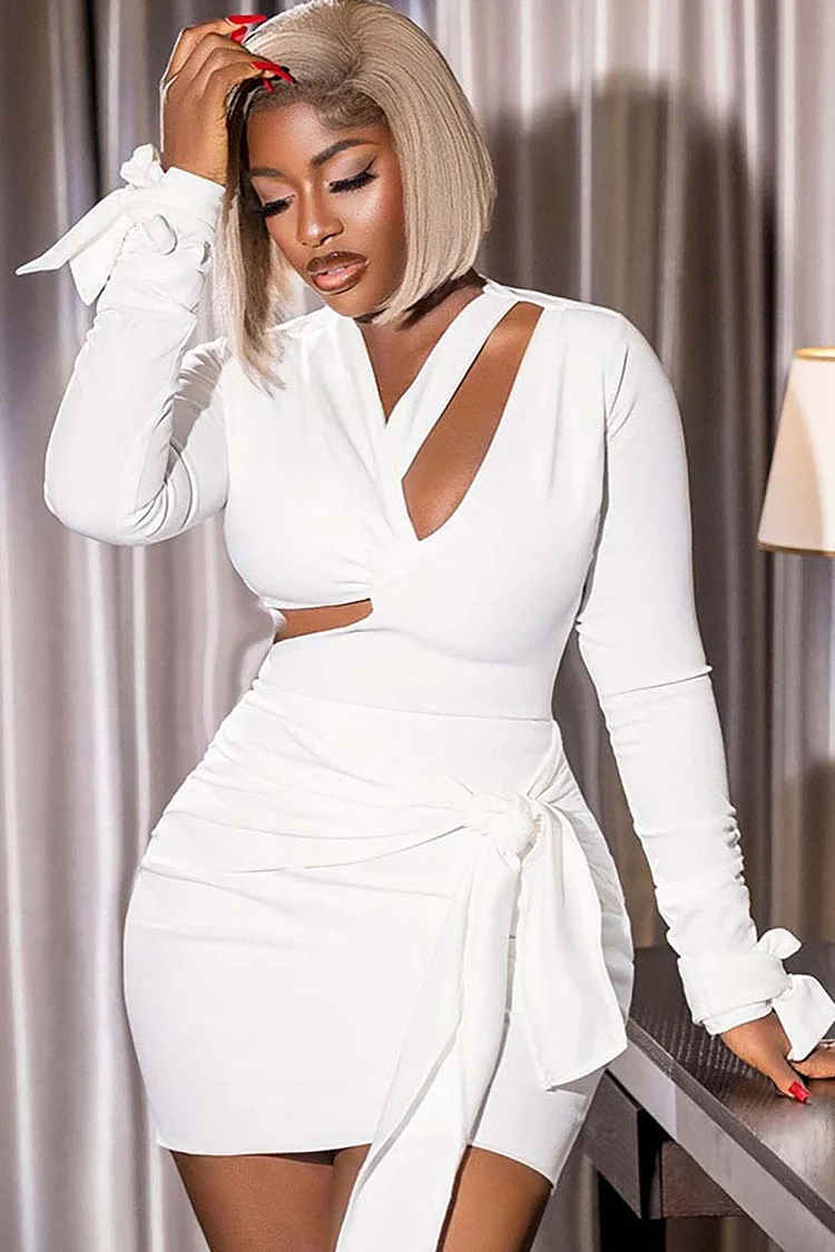 Cut Out Long Sleeve Backless Bodycon Tie Up Mini Dresses-White