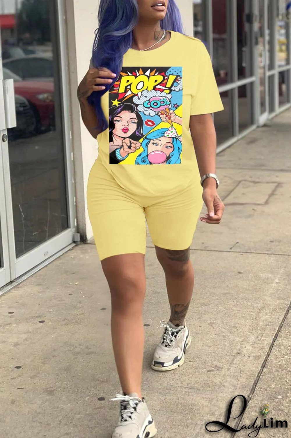 Fluorescent Green Fashion Casual Print Basic O Neck Short Sleeve Two Pieces