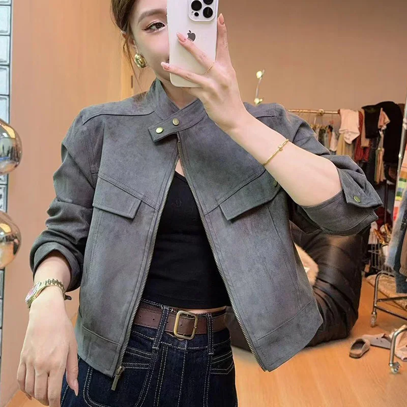 Woherb Retro Standing Collar Leather Velvet Early Autumn Coat Female Short Style Fashion Loose Casual Motorcycle Suit Small Jacket Jacket-Outfit Ideas