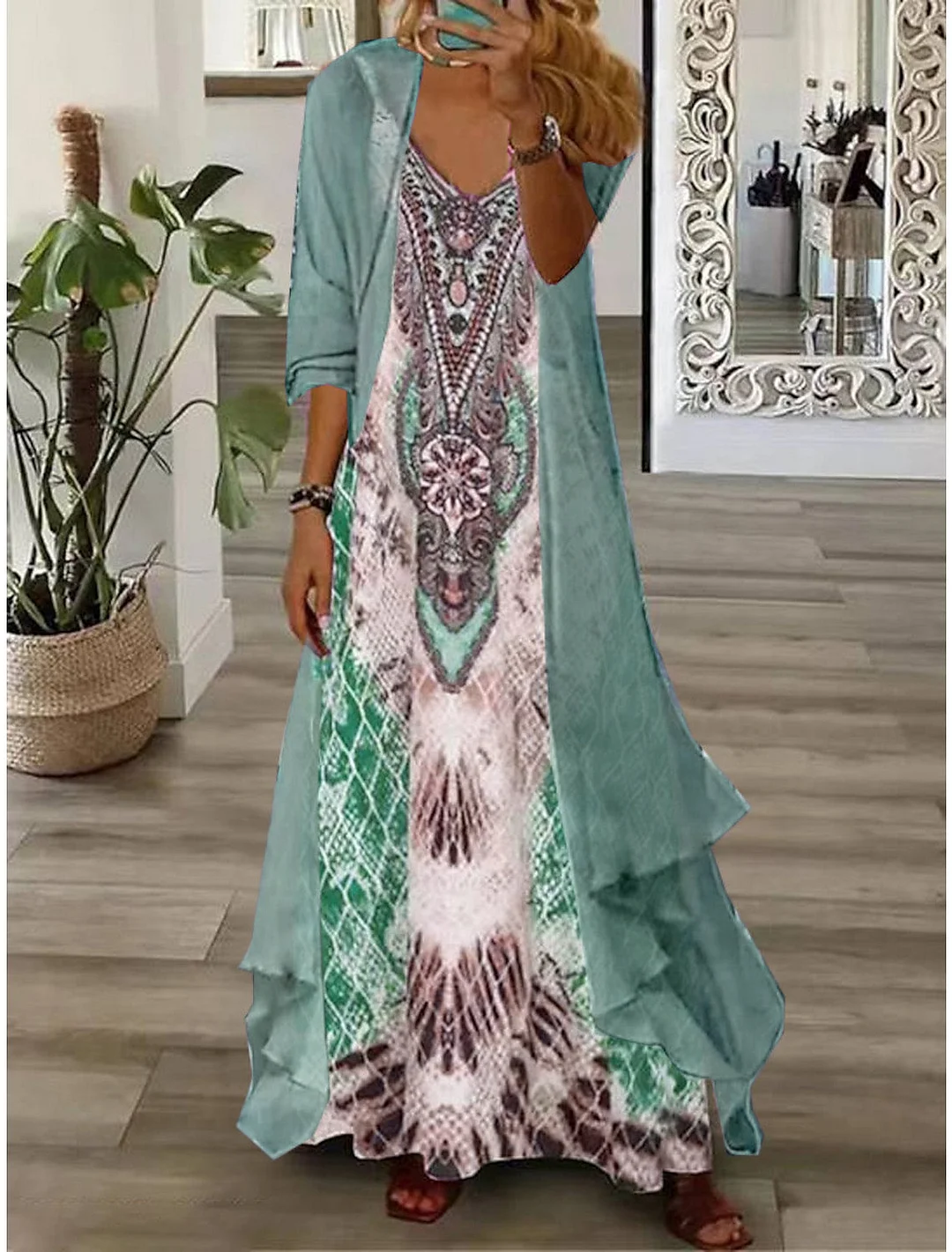 Women's Half Sleeve V-neck Graphic Printed Two Pieces Maxi Dress