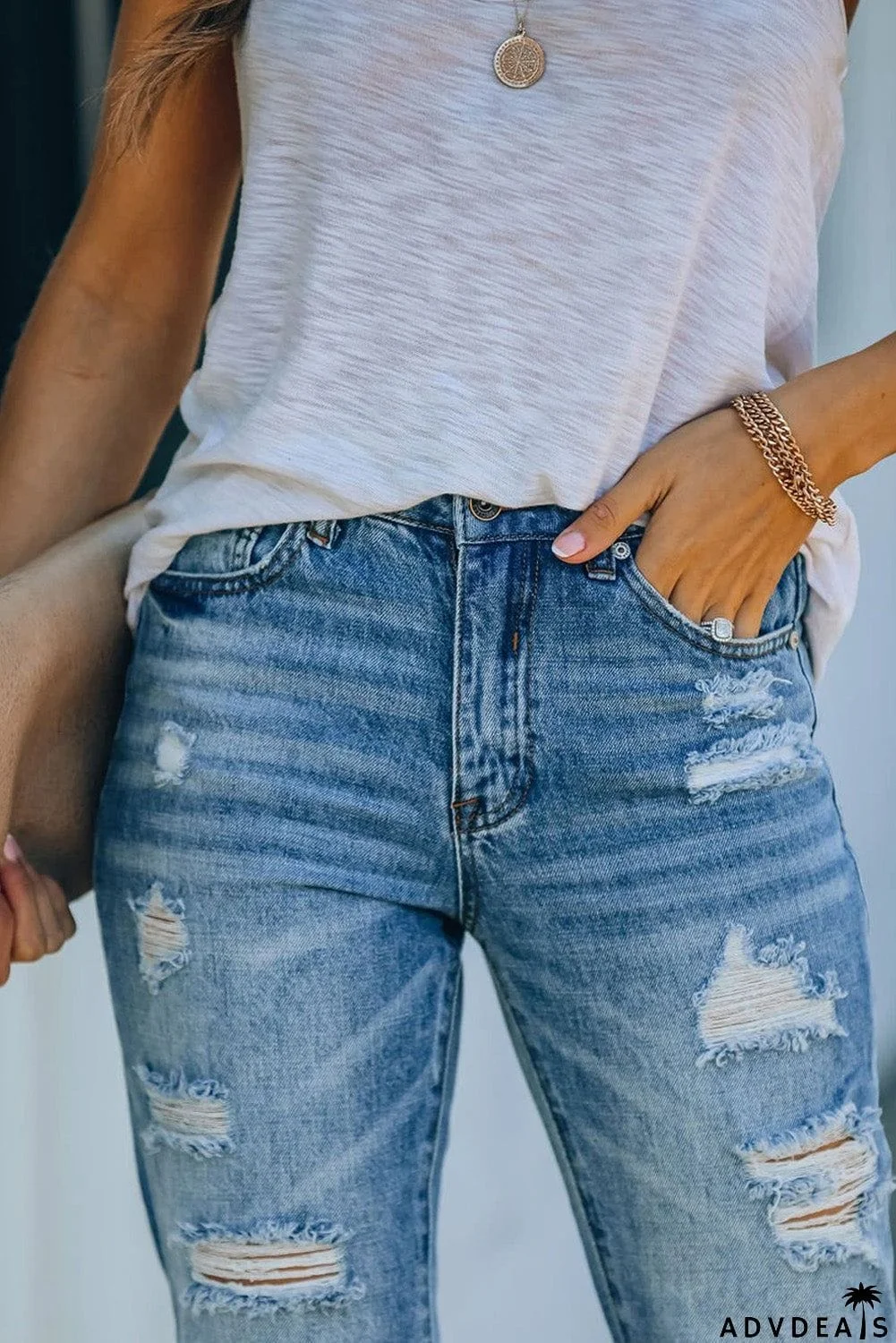Light Blue Washed Ripped Straight Legs Jeans