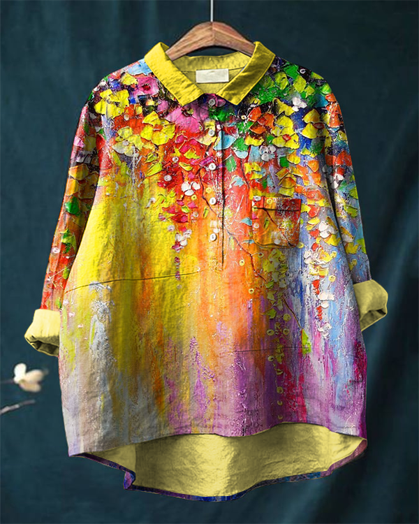 Vintage Colorful Floral Print Casual Cotton and Linen Shirt