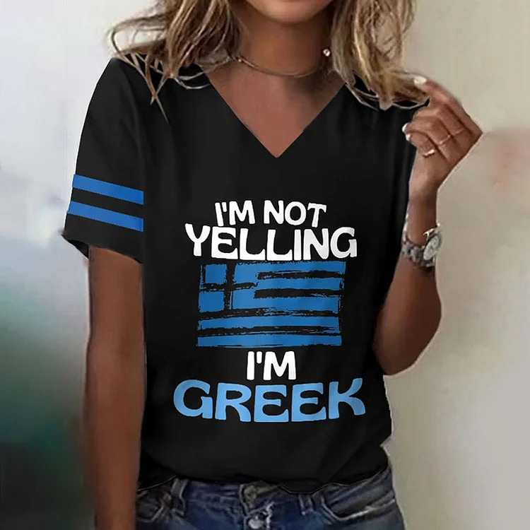 Women's Greek Print Casual V-Neck T-Shirt