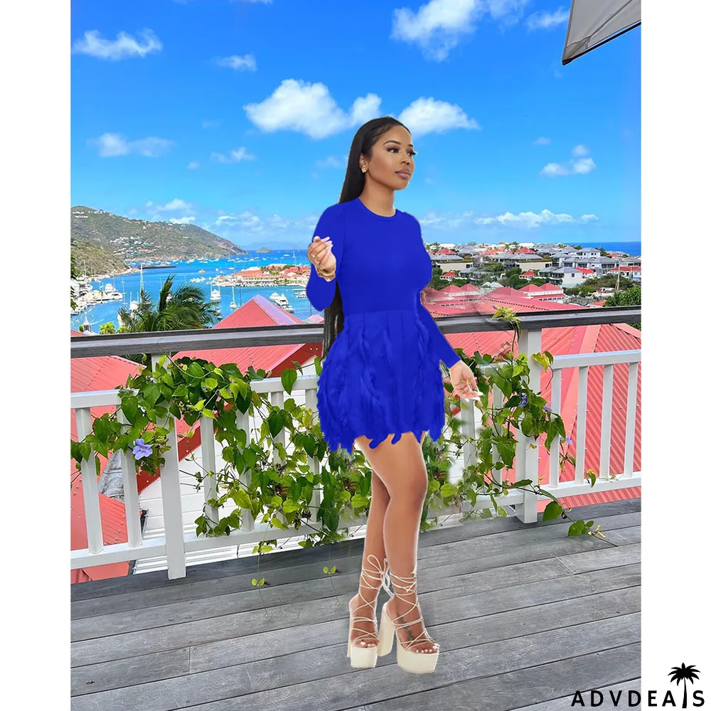 Solid Color O Neck Tassel Mini Dress