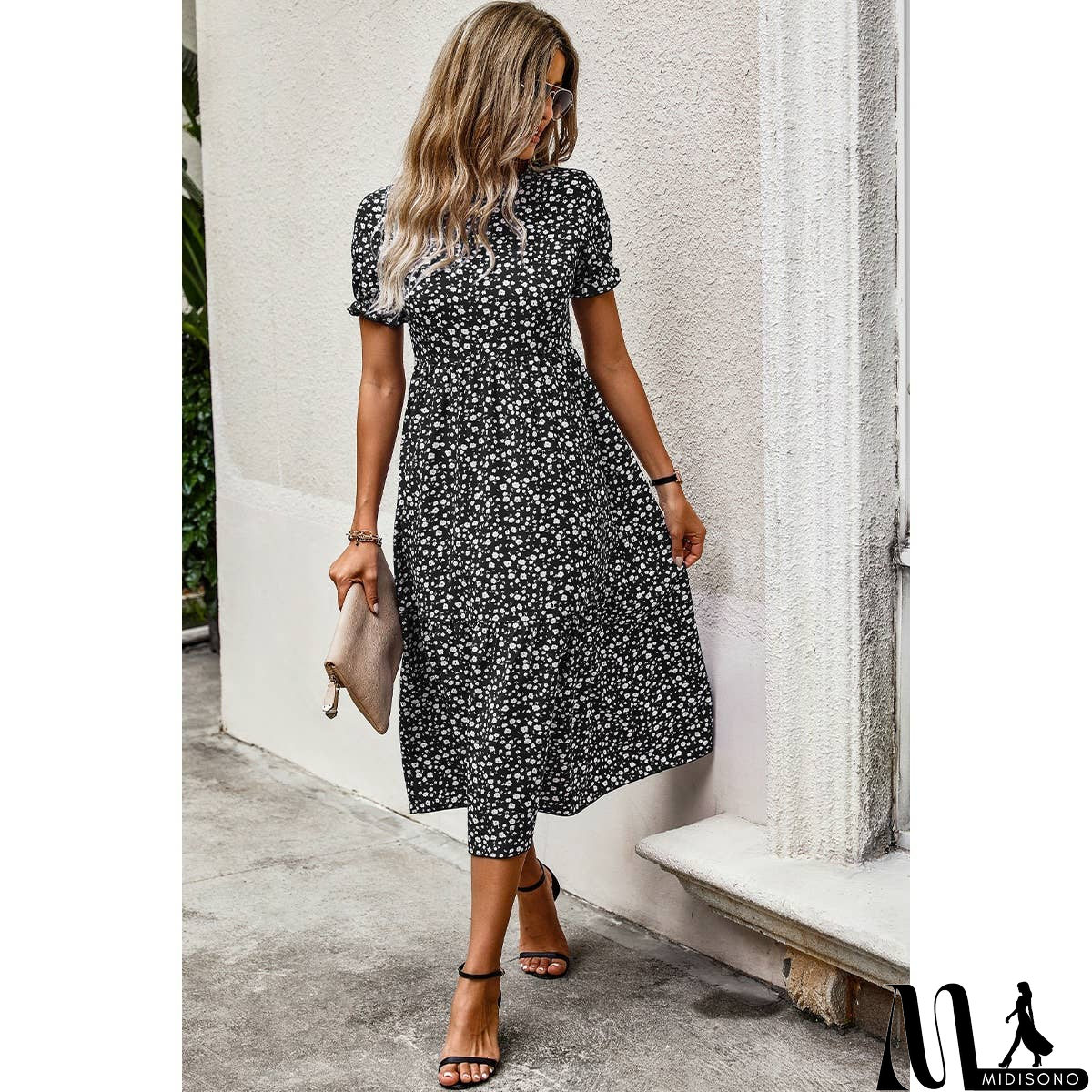 MidiSono - Floral Print Round Neck Color Block High Waist Fit Dress