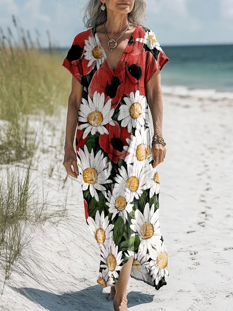 Women's Vintage Floral Cat Art Print Pocket Cotton Dress