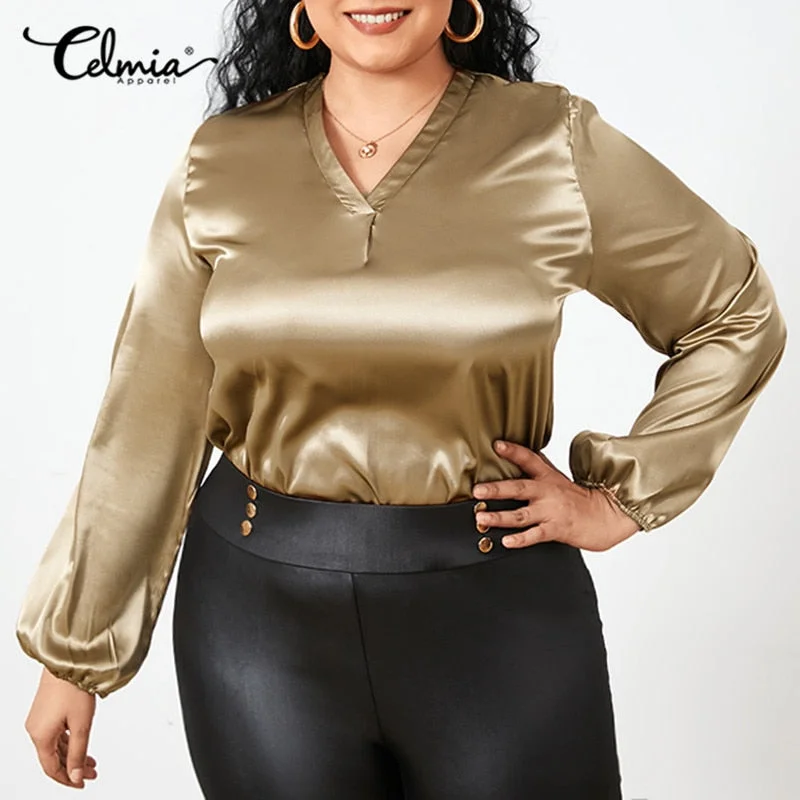Oversized Celmia Fashion Women Satin Blouses Sexy V-Neck Elegant  Tops Female Casual Long Sleeve Office Blusas Femininas FZH