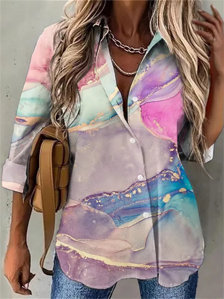Women's Blouse Shirt Tunic Green Graphic Abstract Button Print Long Sleeve Holiday Weekend Streetwear Casual Standing Collar Regular Floral