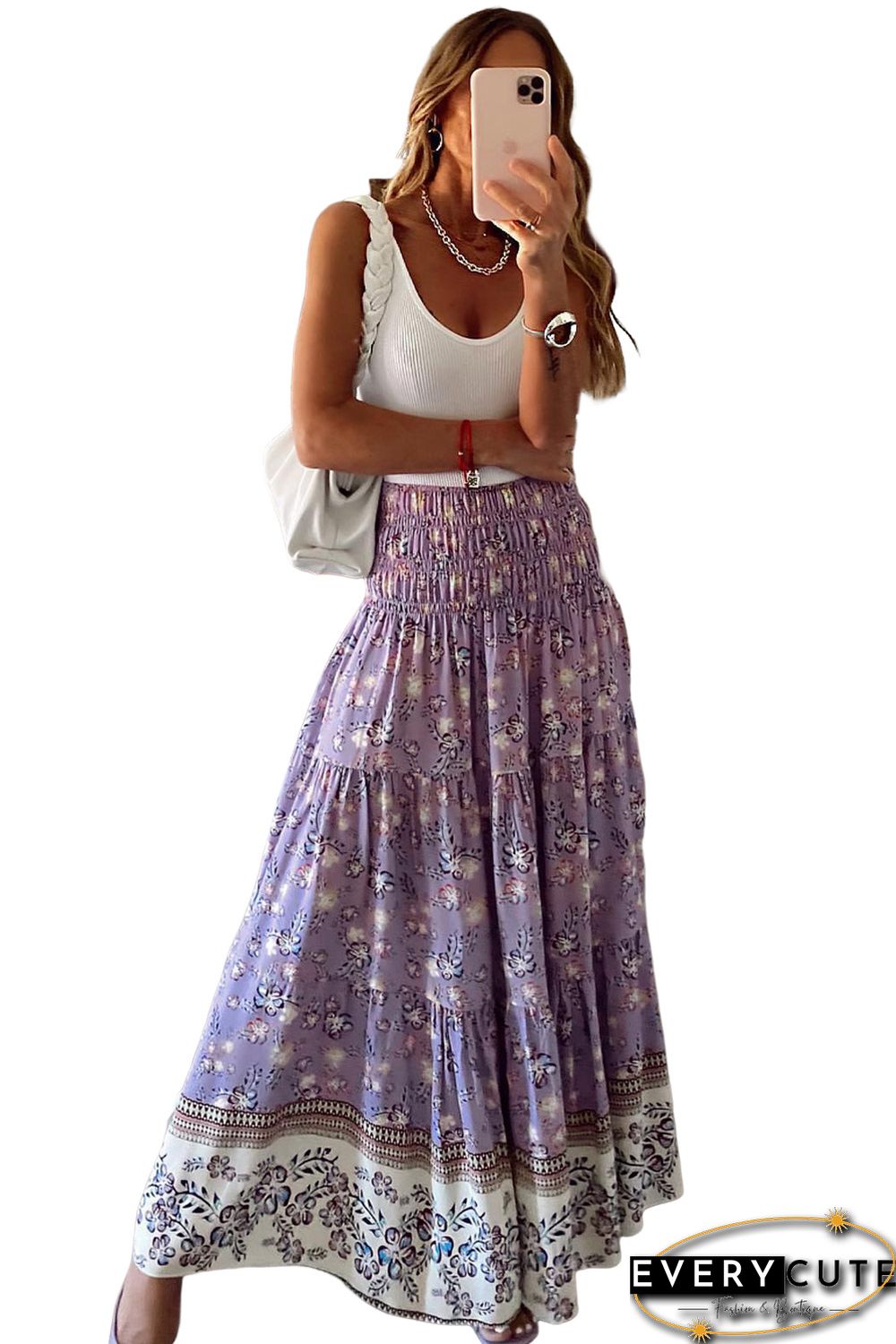 Purple Floral Print Shirred High Waist Maxi Skirt