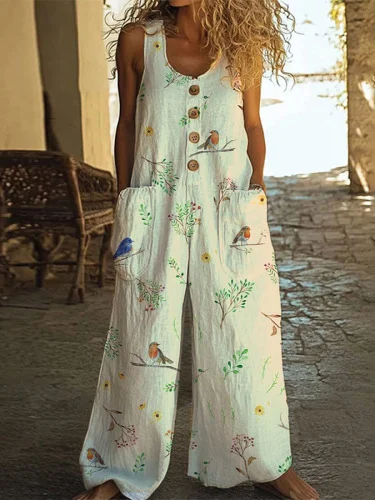 Women's Casual Retro Floral And Bird Art Print Jumpsuit