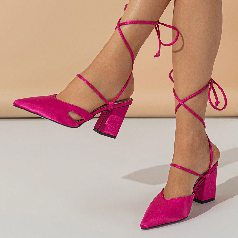 Pink Satin Closed Toe Chunky Heel Lace Up Pumps Nicepairs