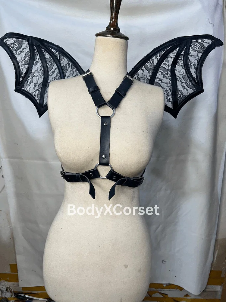 pornhint Pornhint Gothic Bat Wing Harness Bra: Lace & Faux Leather Festival Body Cage Halloween Fetish Costume leather body harnesses for women