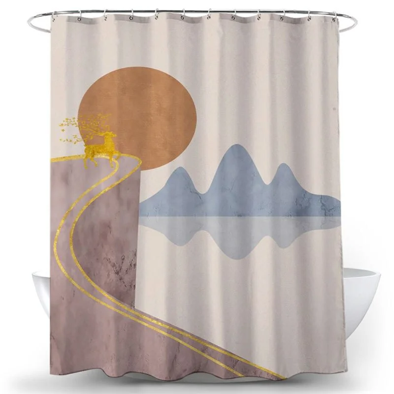 Boho Stars and Moon Washable Shower Curtain Mountain Frabic Waterproof Polyester Bathroom Decor Sets with Hooks