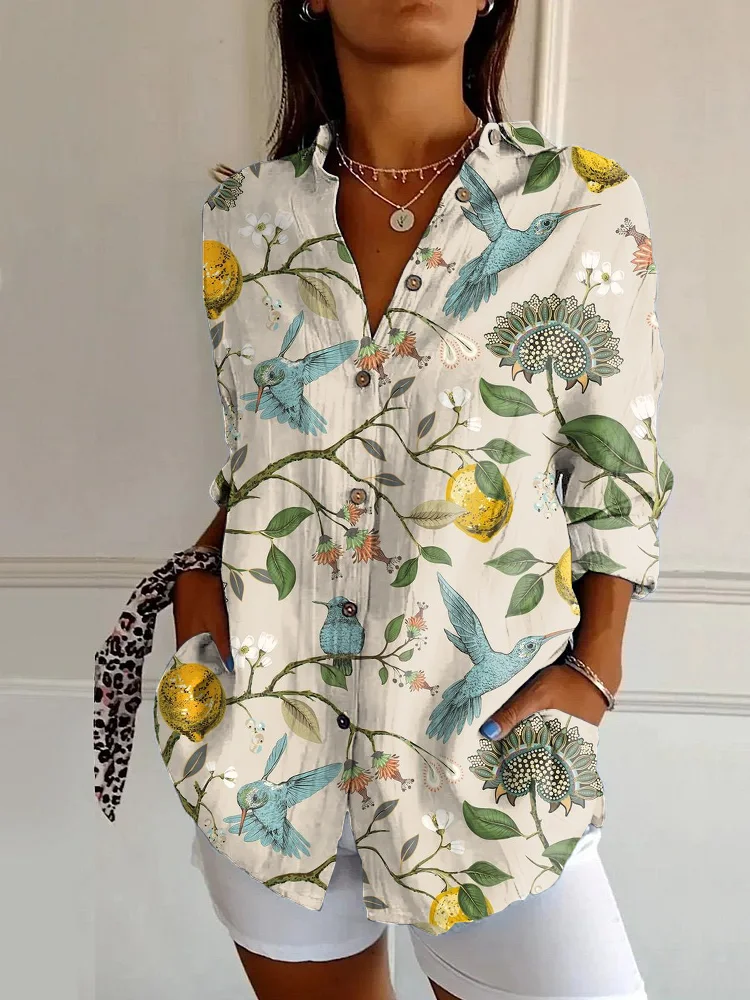 Vintage Lemon Tree Bird Print Casual Long Sleeve Shirt