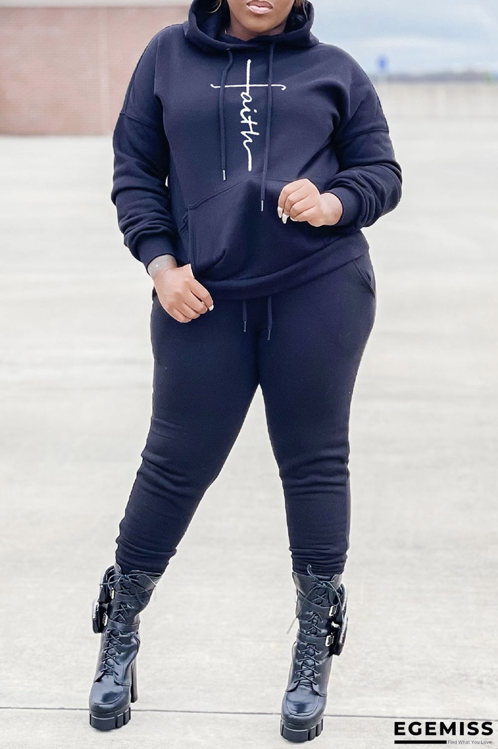 Tibetan Blue Casual Print Patchwork Pocket Hooded Collar Plus Size Two Pieces | EGEMISS