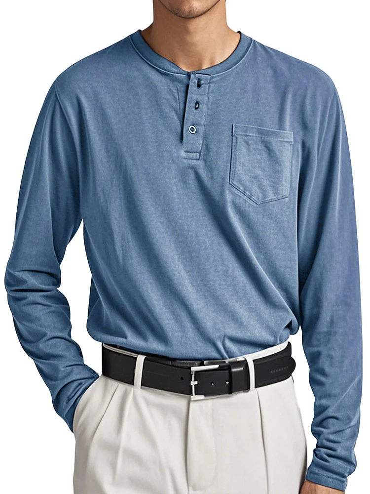  Men's Fashion Casual Round Neck Button Pocket Long-sleeved Henry Shirt