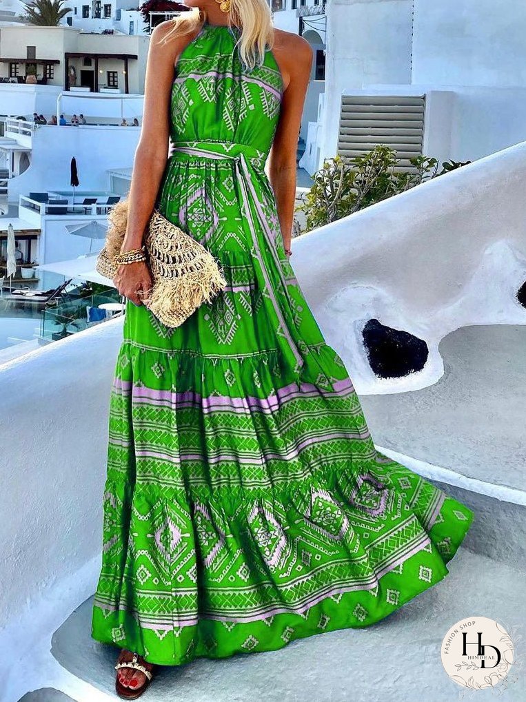 Dresses Vintage Print Halter Belted Dress for Women
