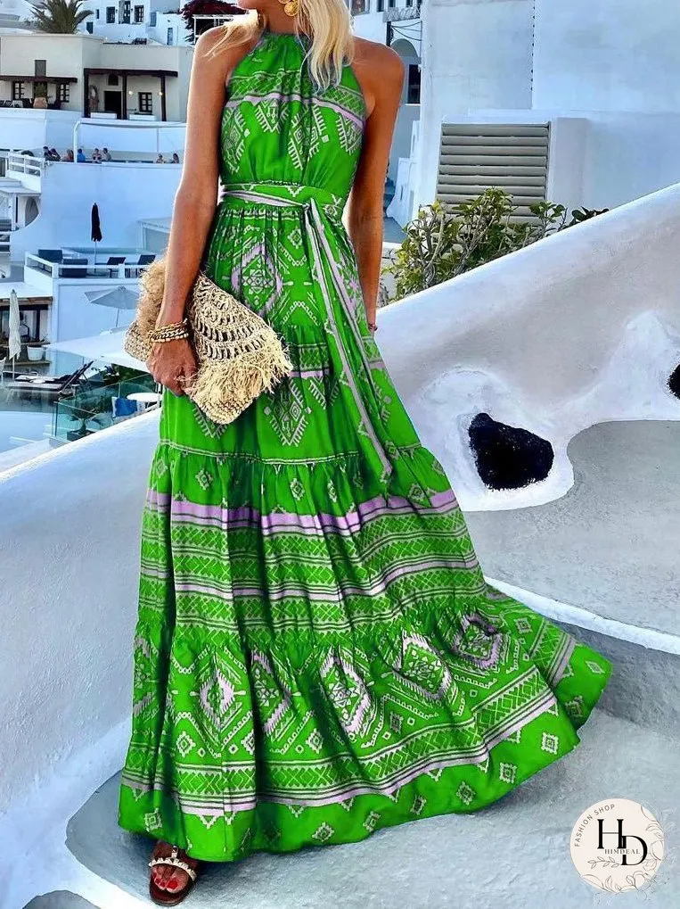Dresses Vintage Print Halter Belted Dress for Women