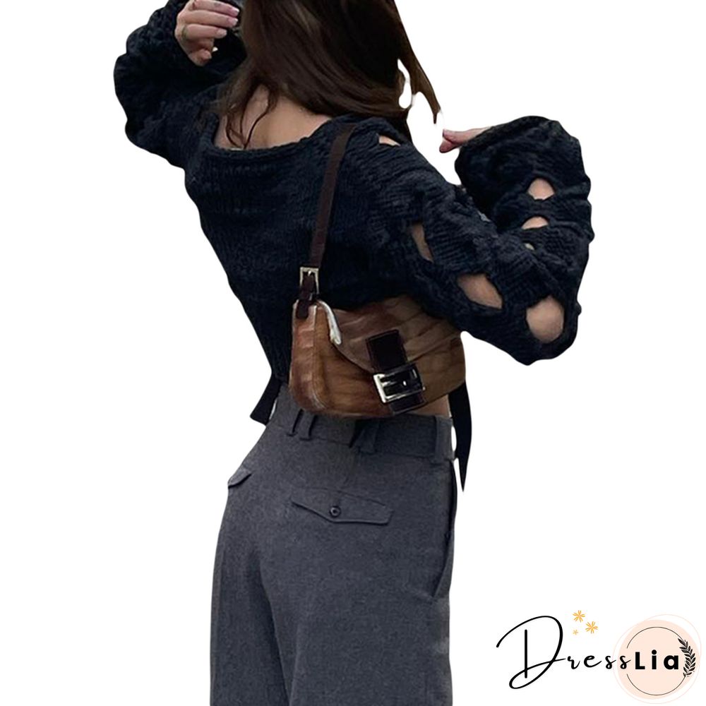 Hollow Out Sweater Y2k Aesthetic Women Long Sleeve Tops Grunge Aesthetic Clothes E Girl Pullovers Basic Clothing