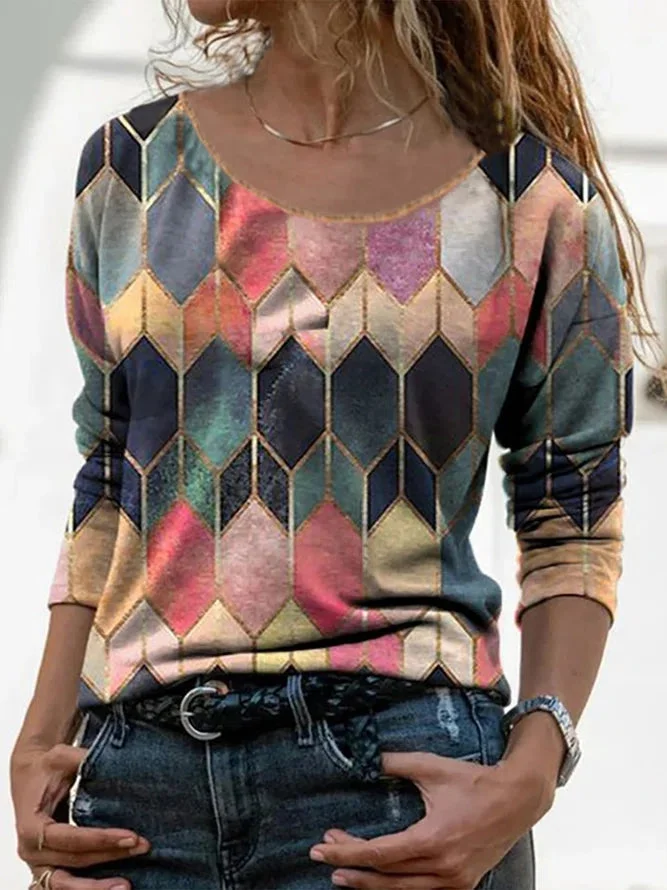 Women's Geometric Printed Roumd Neck Long Sleeves Casual Tops