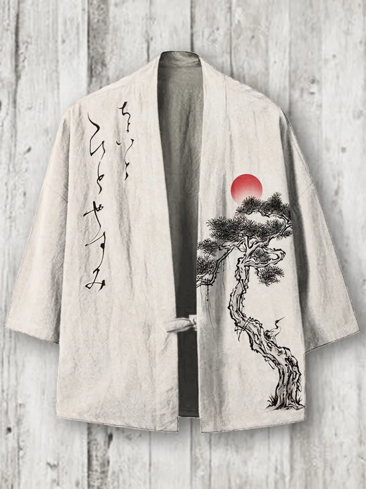 Ink and Pine Japanese Art Linen Blend Kimono Cardigan