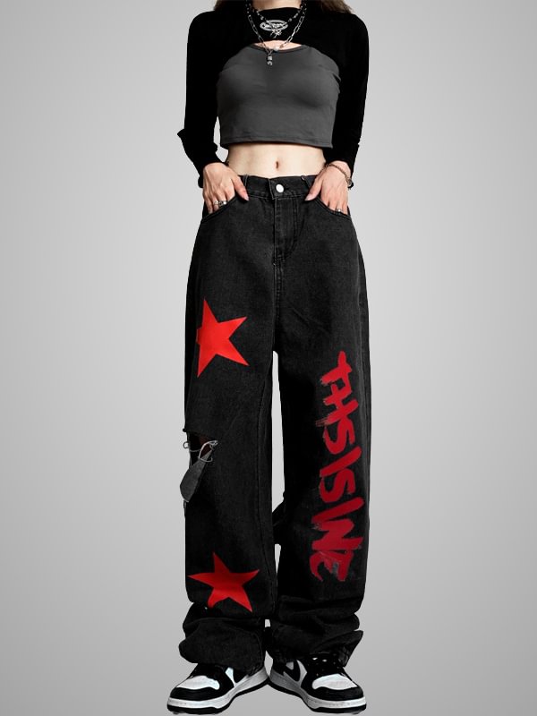 Gothic Dark Statement Color Block Letter&star Printed Ripped Straight Pattern Jeans