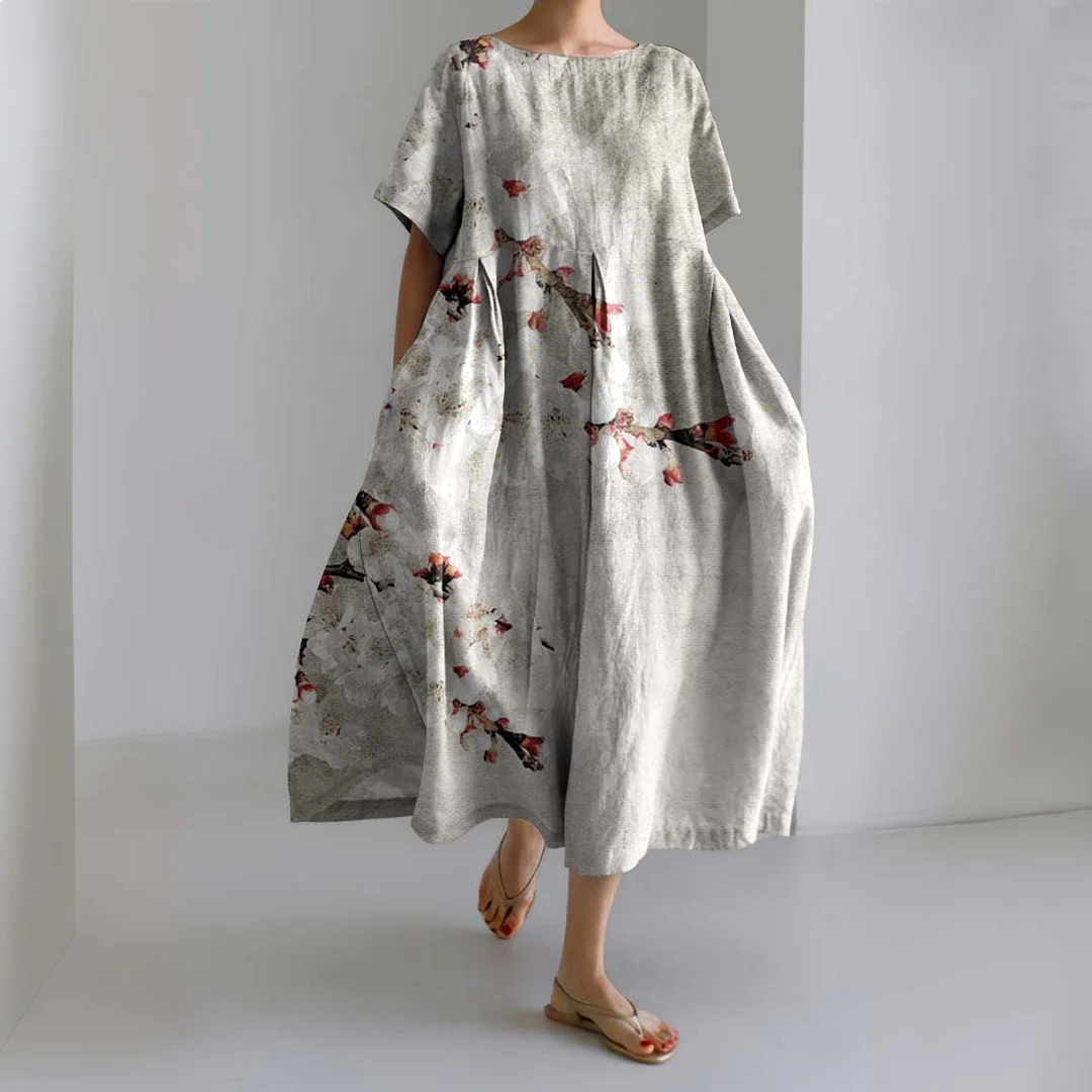 Japanese Art Floral Printed Crew Neck Casual Midi Dress