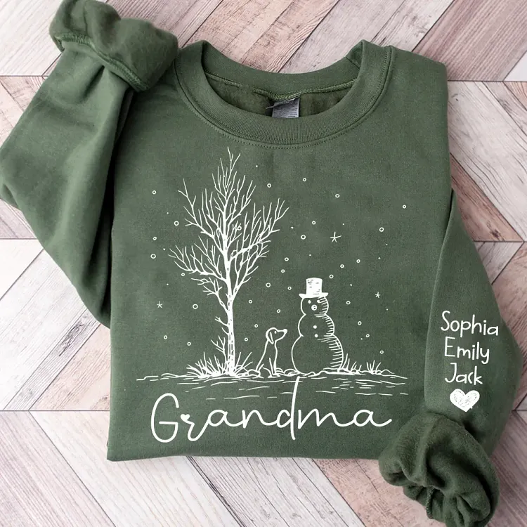 Personalized Grandma Winter Sweatshirt, Custom Grandkids Names Sleeve, Snowman Christmas Gift for Grandma