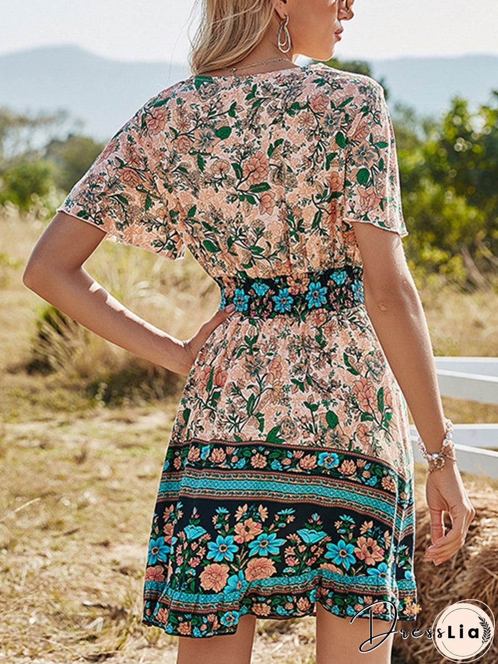 Short Sleeve Bohemian Print Dress P14760