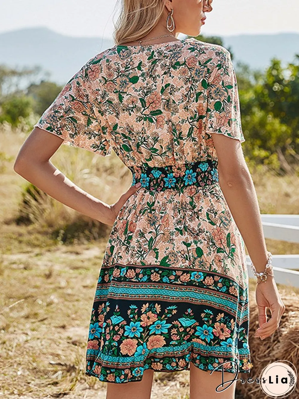 Short Sleeve Bohemian Print Dress P14760
