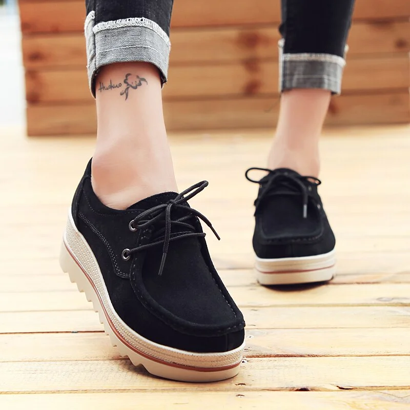 Qengg Women's Shoes 2021 Spring Autumn Genuine Leather Platform Sneakers Slip on Casual Shoes Female Wedge Sneakers for Women